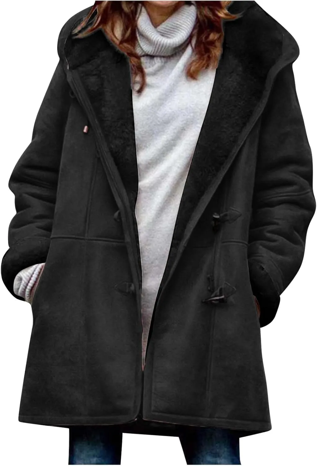 Ceboyel Women Fleece Winter Coats 2023 Sherpa Lined Suede Warm Jackets Hoodies Horn Buttons Long Coat Trendy Outfits Clothes Long Warm Winter Coats For Women 2023 Plus Size Dark Gray M