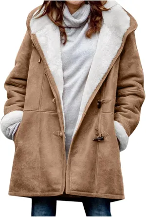 Ceboyel Women Fleece Winter Coats 2023 Sherpa Lined Suede Warm Jackets Hoodies Horn Buttons Long Coat Trendy Outfits Clothes Womens Plus Size Coats Brown Xxl