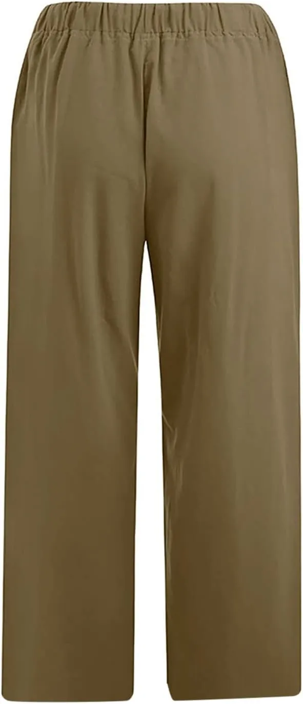 Ceboyel Women Summer Causal Linen Pants Drawstring Wide Leg Trousers Ankle Length Beach Pants Straight Leg Cropped Pants