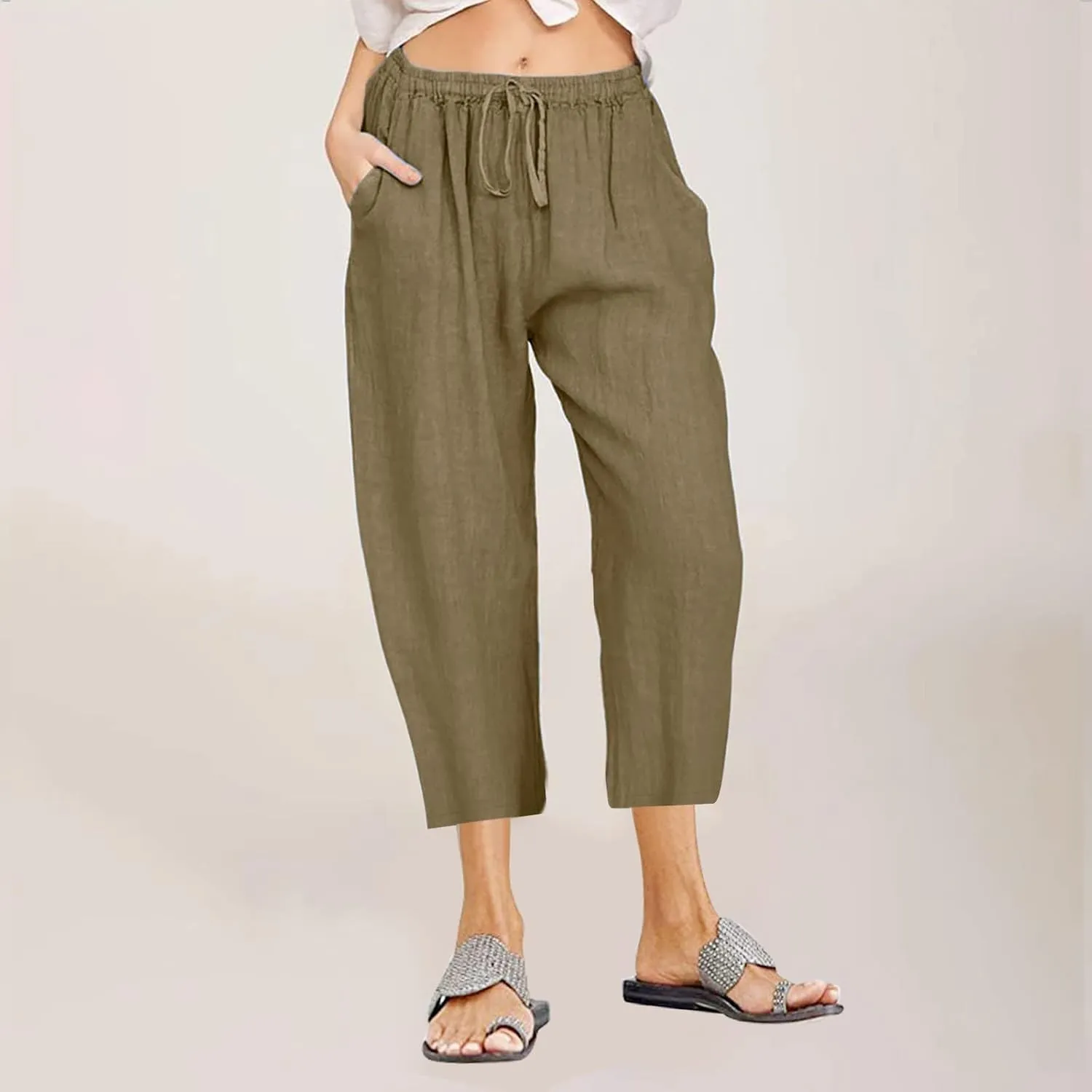 Ceboyel Women Summer Causal Linen Pants Drawstring Wide Leg Trousers Ankle Length Beach Pants Straight Leg Cropped Pants