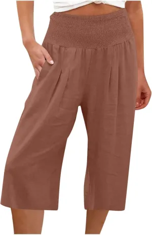 Ceboyel Women Wide Leg Crop Capris Cotton Linen High Waist Pants Flowy Palazzo Pants Casual Loose Summer Beach Outfits