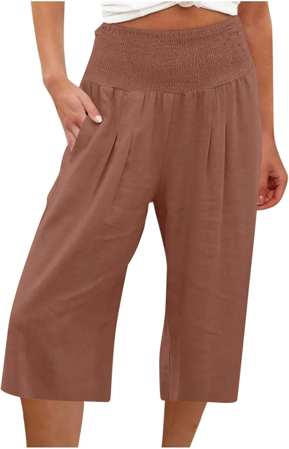 Ceboyel Women Wide Leg Crop Capris Cotton Linen High Waist Pants Flowy Palazzo Pants Casual Loose Summer Beach Outfits