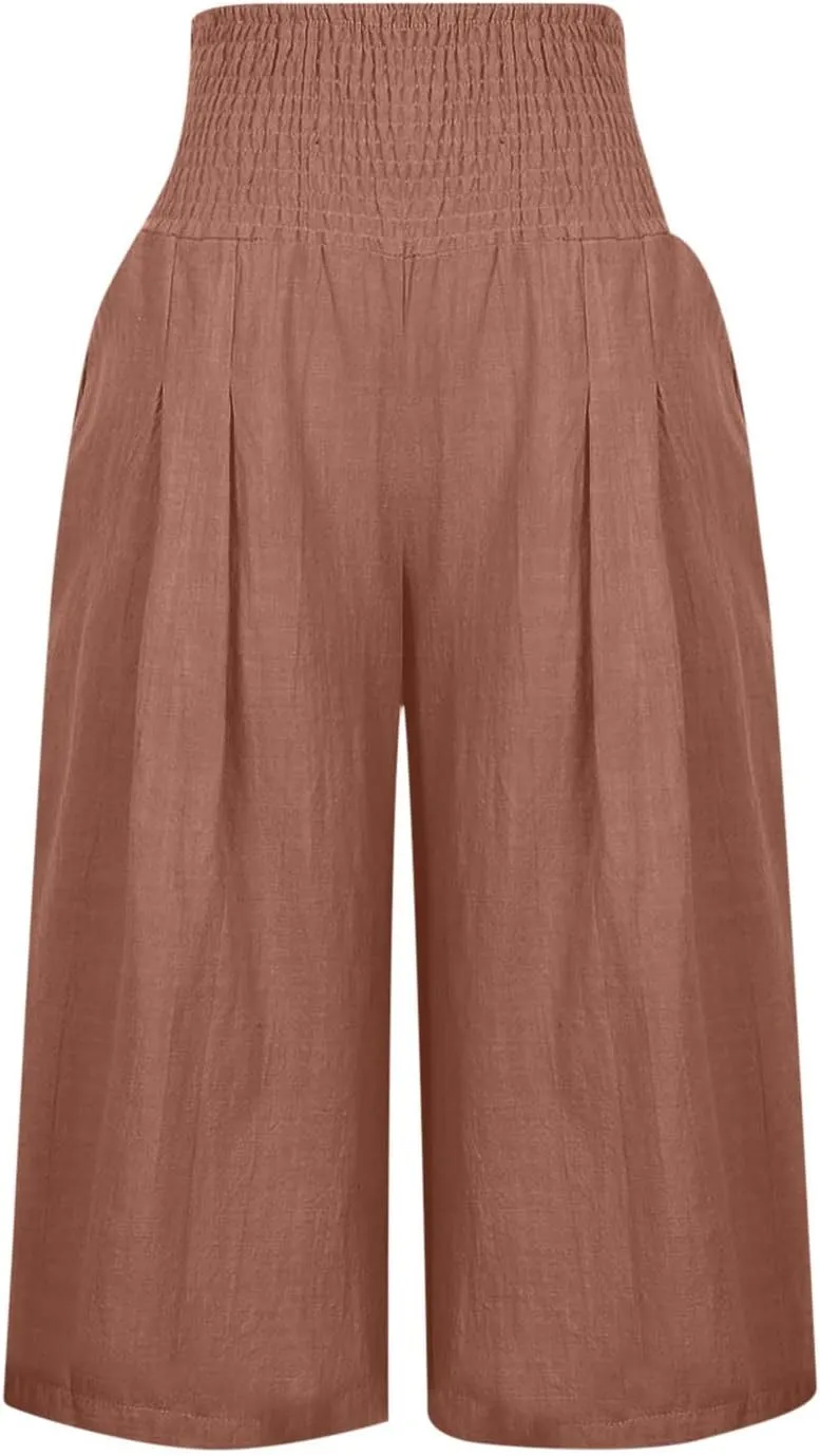 Ceboyel Women Wide Leg Crop Capris Cotton Linen High Waist Pants Flowy Palazzo Pants Casual Loose Summer Beach Outfits