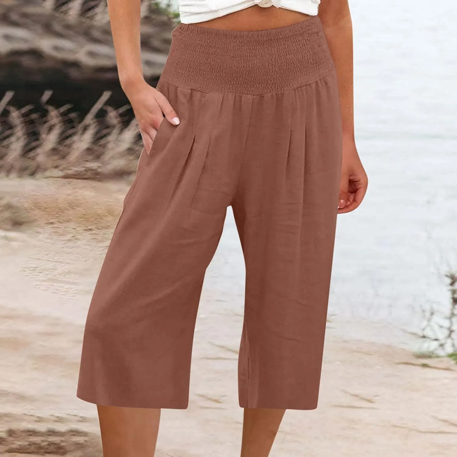 Ceboyel Women Wide Leg Crop Capris Cotton Linen High Waist Pants Flowy Palazzo Pants Casual Loose Summer Beach Outfits