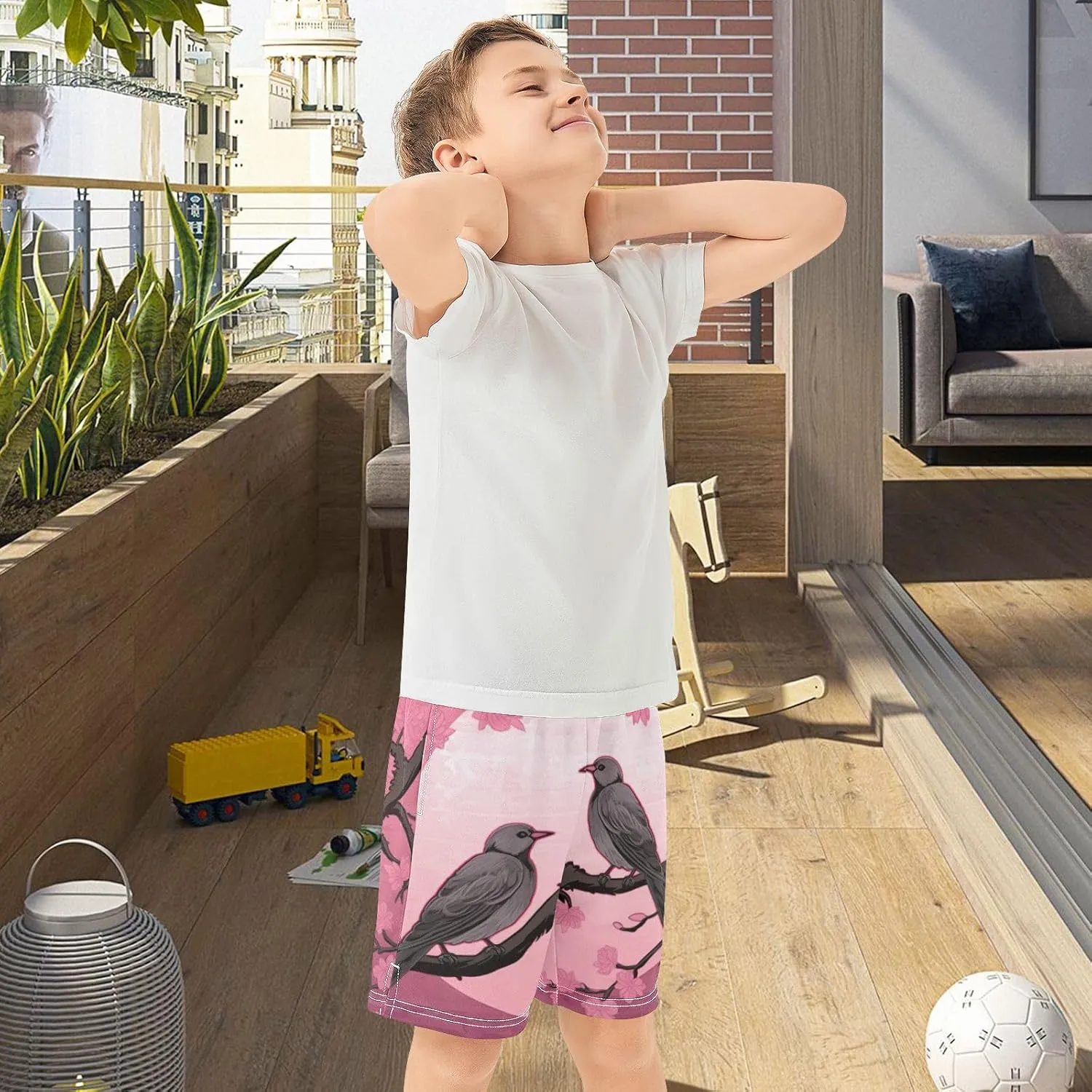 Cherry Blossoms Love Birds Boy's Lightweight Casual Shorts Summer Athletic Shorts with Pockets for Outdoor Hiking