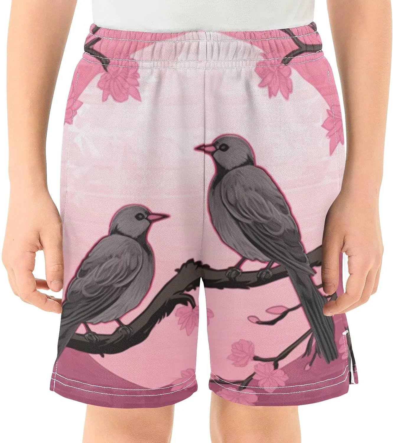 Cherry Blossoms Love Birds Boy's Lightweight Casual Shorts Summer Athletic Shorts with Pockets for Outdoor Hiking