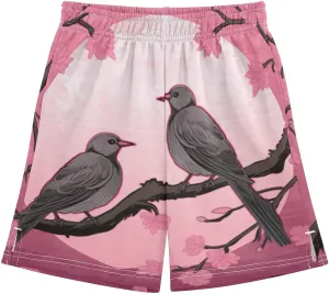 Cherry Blossoms Love Birds Boy's Lightweight Casual Shorts Summer Athletic Shorts with Pockets for Outdoor Hiking