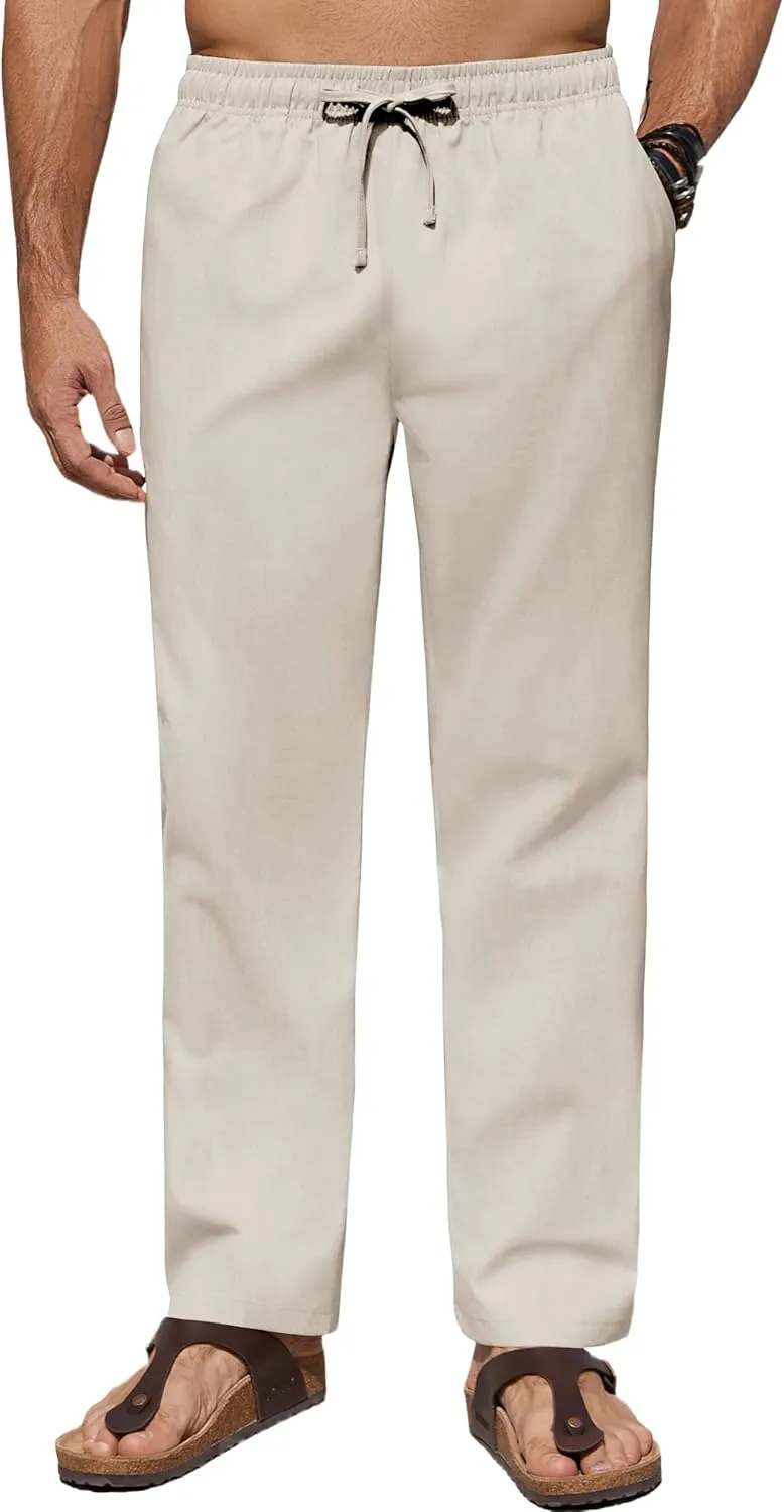 COOFANDY Men's Casual Linen Pants Lightweight Summer Beach Pant Loose Fit Drawstring Elastic Waist Trousers