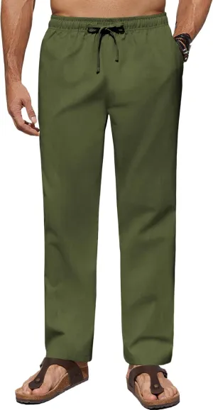 COOFANDY Men's Casual Linen Pants Lightweight Summer Beach Pant Loose Fit Drawstring Elastic Waist Trousers