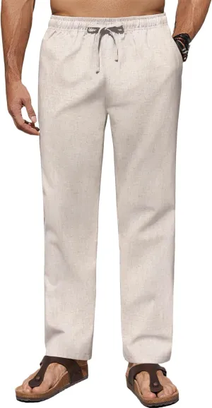 COOFANDY Men's Casual Linen Pants Lightweight Summer Beach Pant Loose Fit Drawstring Elastic Waist Trousers