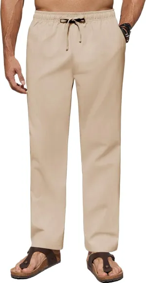 COOFANDY Men's Casual Linen Pants Lightweight Summer Beach Pant Loose Fit Drawstring Elastic Waist Trousers