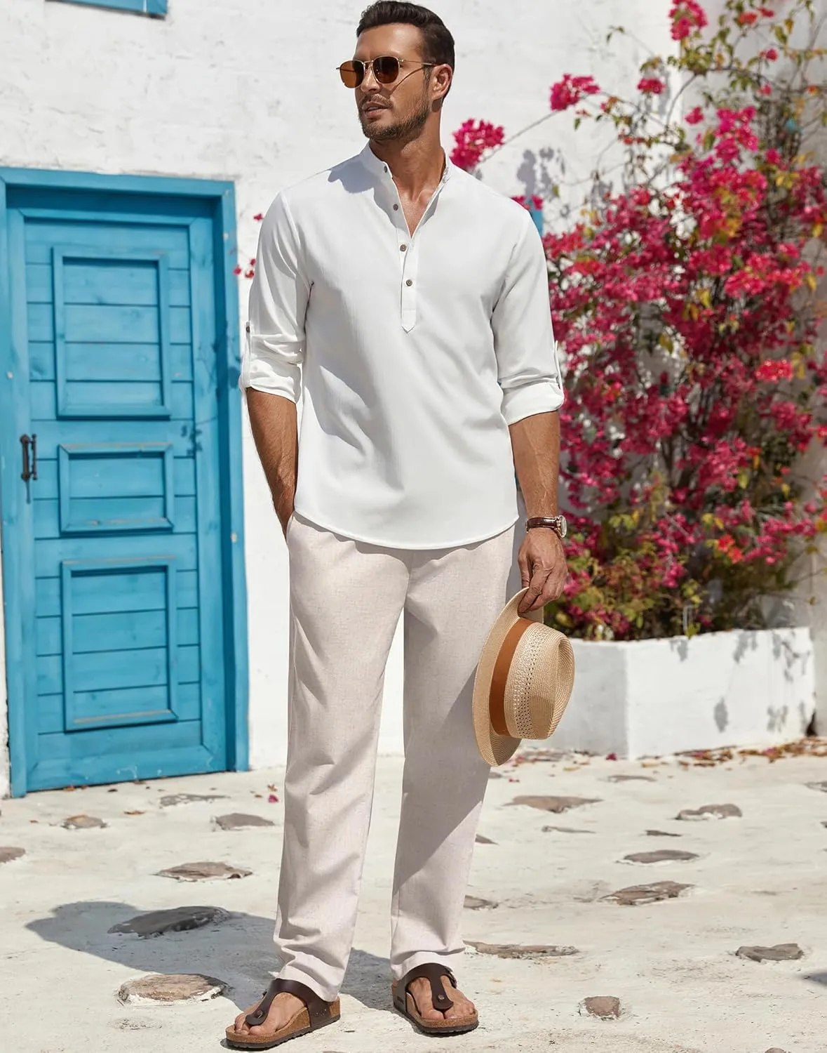 COOFANDY Men's Casual Linen Pants Lightweight Summer Beach Pant Loose Fit Drawstring Elastic Waist Trousers
