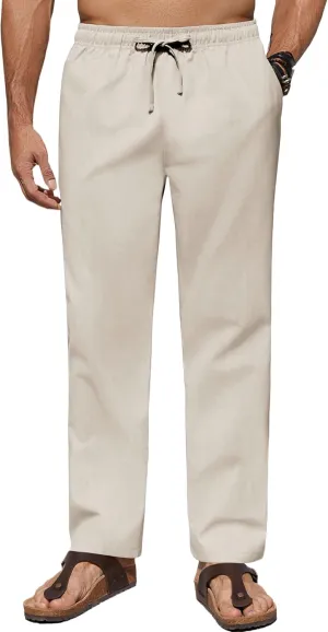 COOFANDY Men's Casual Linen Pants Lightweight Summer Beach Pant Loose Fit Drawstring Elastic Waist Trousers