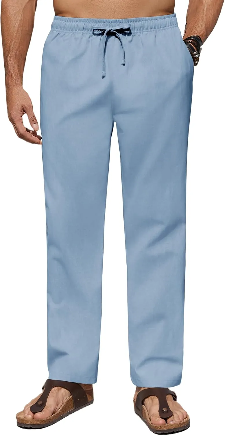 COOFANDY Men's Casual Linen Pants Lightweight Summer Beach Pant Loose Fit Drawstring Elastic Waist Trousers