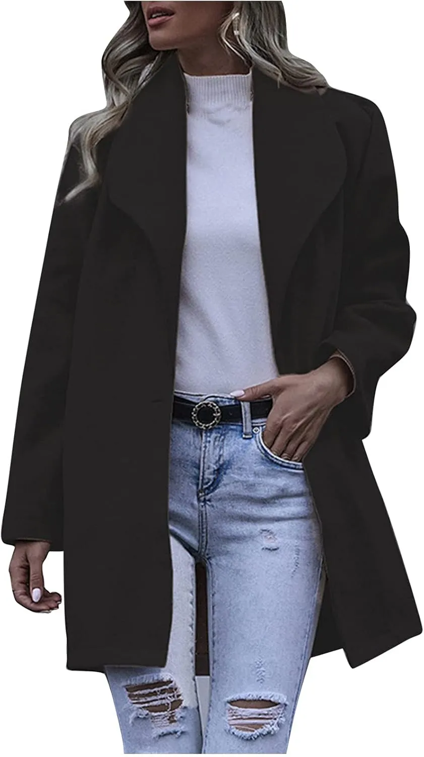 cooki Trench Coat for Women 2023 Women's Lapel Collar Pea Coats Open Front Belted Long Jacket Winter Warm Wool Blend Coats