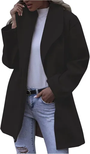 cooki Trench Coat for Women 2023 Women's Lapel Collar Pea Coats Open Front Belted Long Jacket Winter Warm Wool Blend Coats
