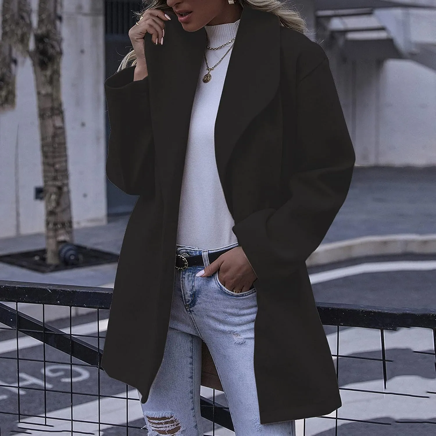 cooki Trench Coat for Women 2023 Women's Lapel Collar Pea Coats Open Front Belted Long Jacket Winter Warm Wool Blend Coats