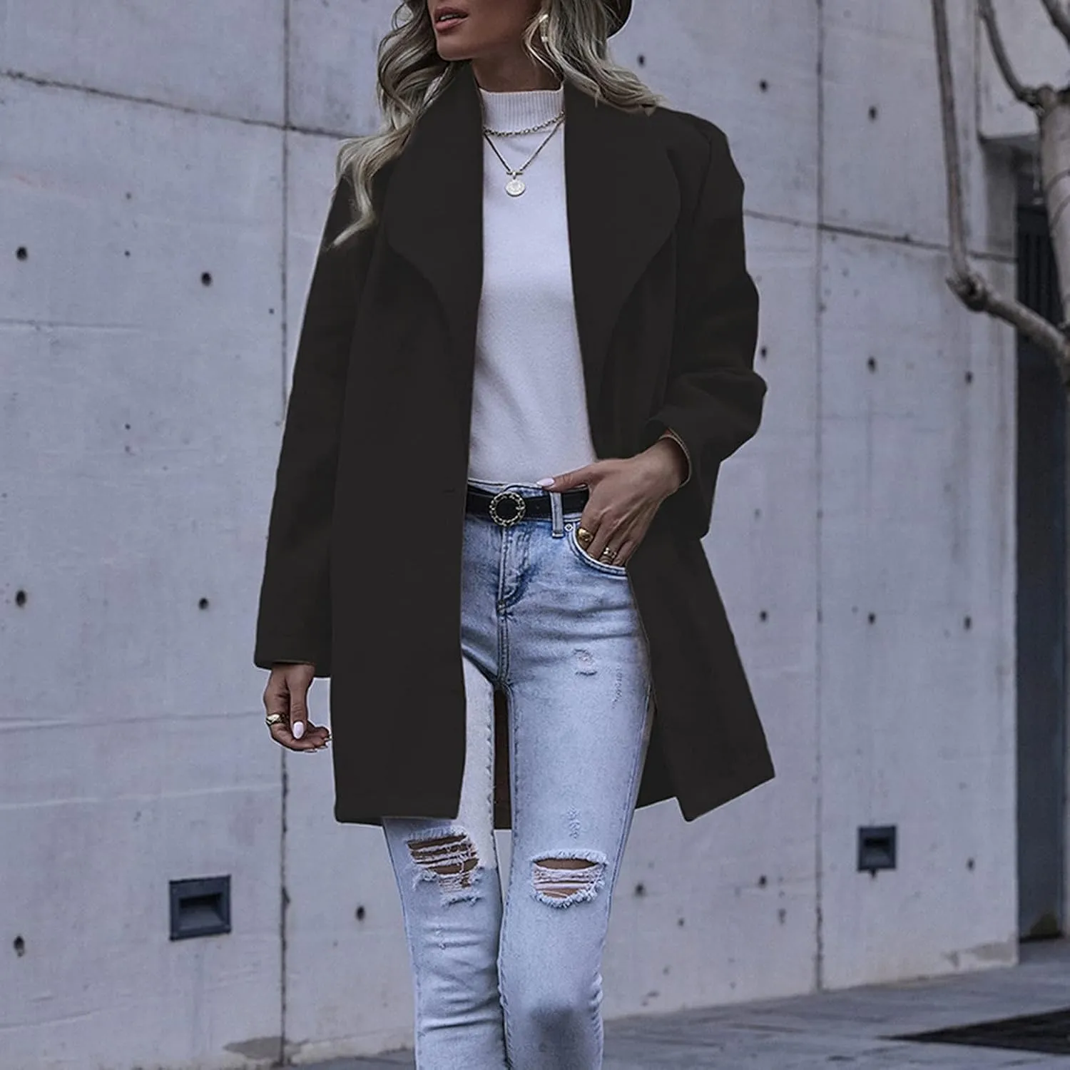 cooki Trench Coat for Women 2023 Women's Lapel Collar Pea Coats Open Front Belted Long Jacket Winter Warm Wool Blend Coats