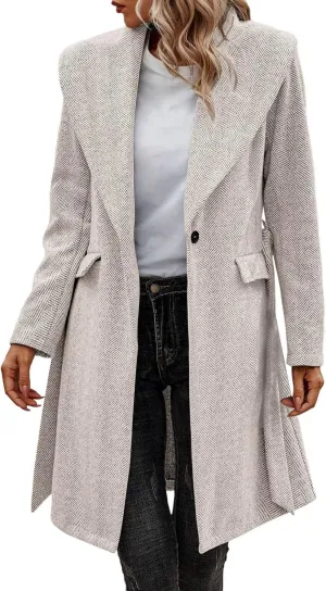 cooki Wool Coats for Women Long Women's Wool Coat Knee Length Warm Winter Trench Coats Lapel Button Down Peacoat With Belt