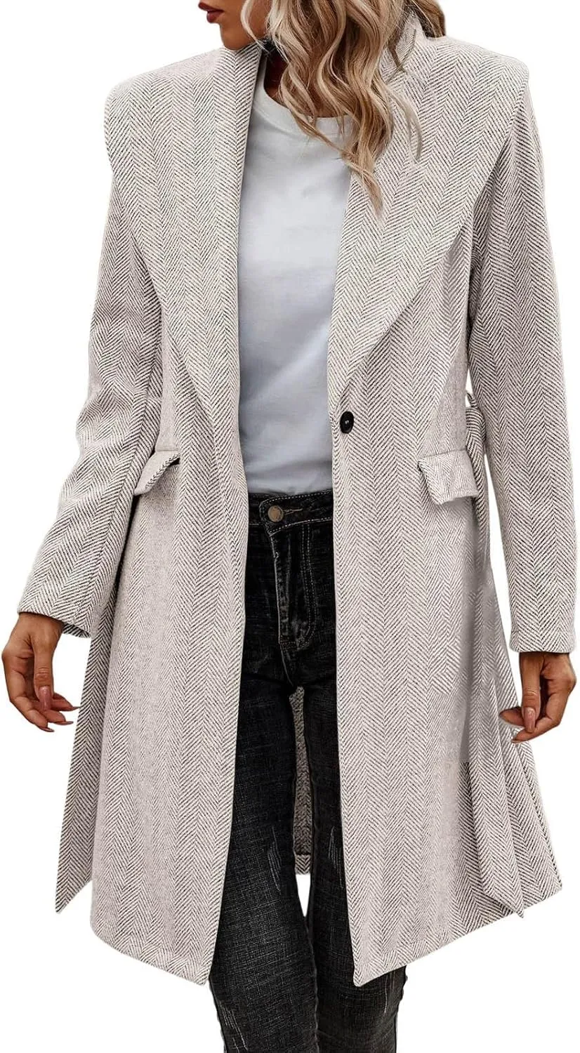 cooki Wool Coats for Women Long Women's Wool Coat Knee Length Warm Winter Trench Coats Lapel Button Down Peacoat With Belt
