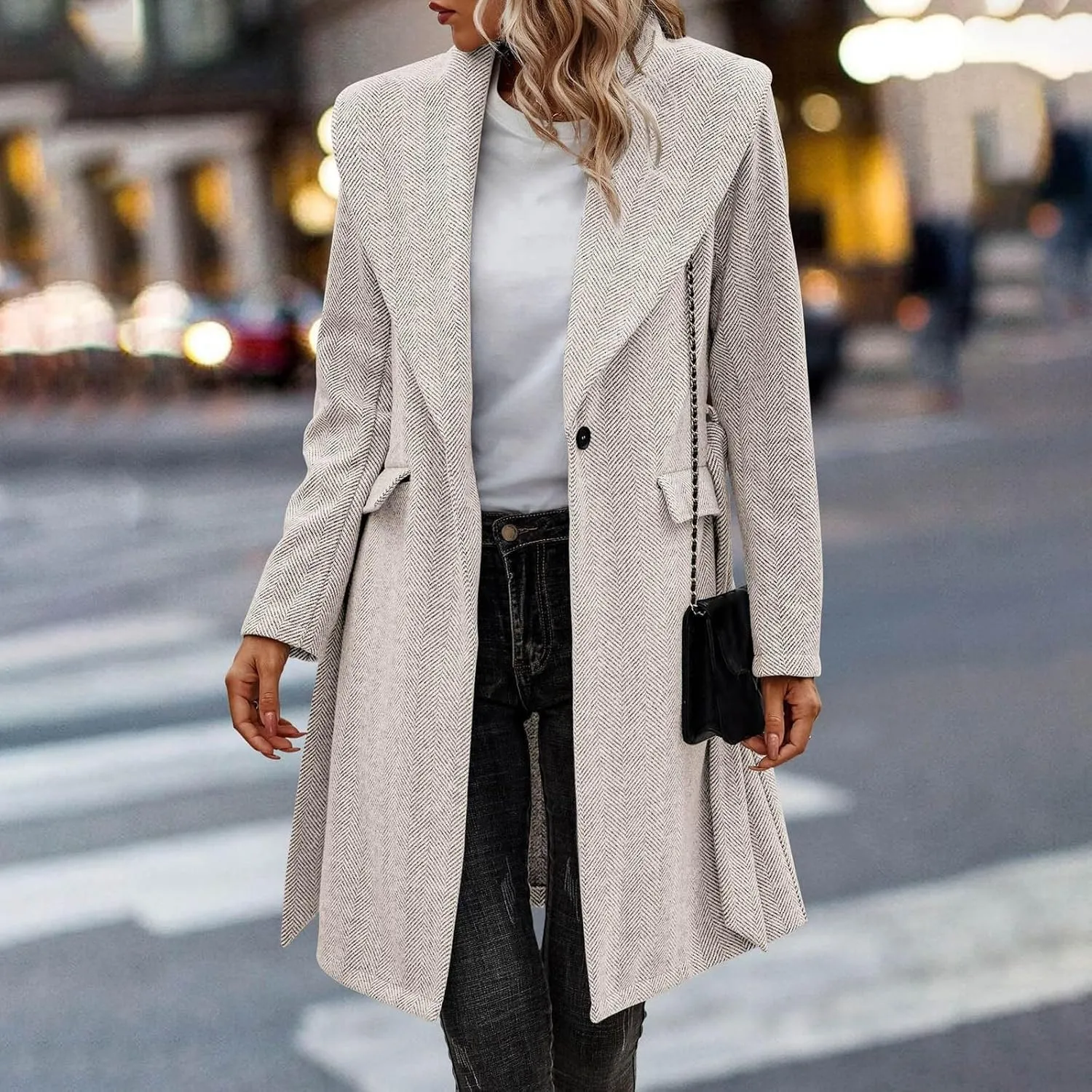 cooki Wool Coats for Women Long Women's Wool Coat Knee Length Warm Winter Trench Coats Lapel Button Down Peacoat With Belt