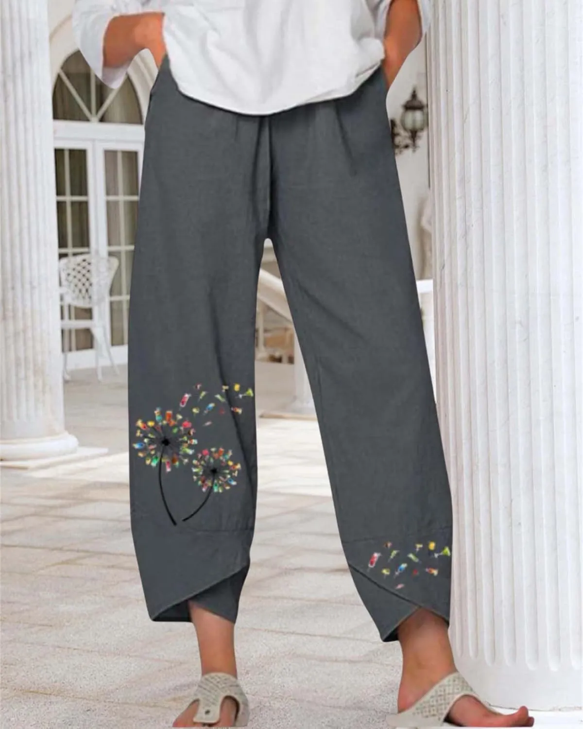 Cotton Linen Casual Summer Capri Pants for Women Printed Waist Wide Leg Palazzo Cropped Baggy Trousers with Pockets