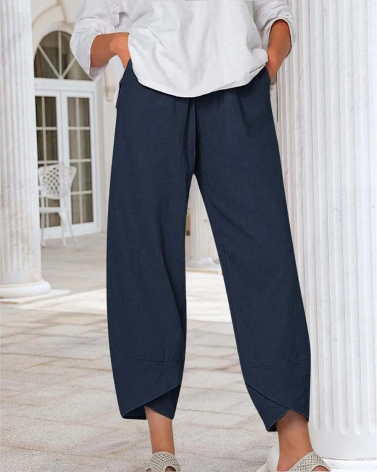 Cotton Linen Casual Summer Capri Pants for Women Printed Waist Wide Leg Palazzo Cropped Baggy Trousers with Pockets