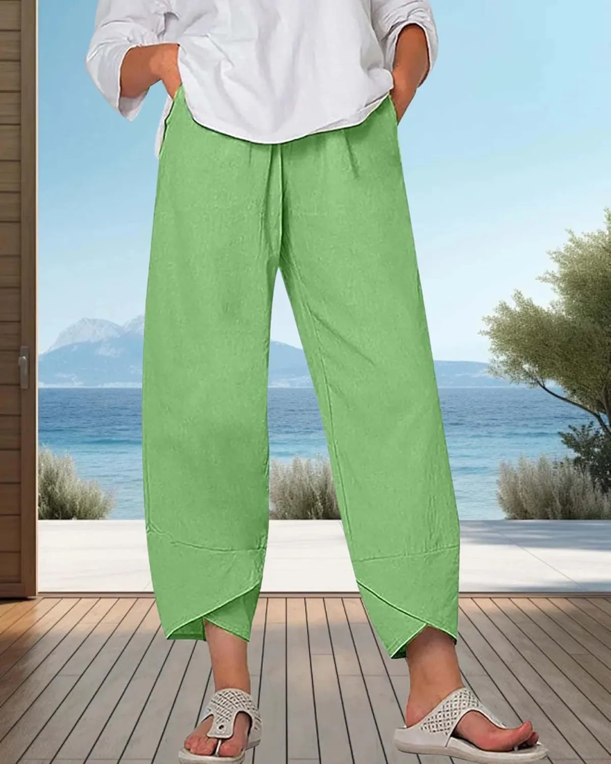 Cotton Linen Casual Summer Capri Pants for Women Printed Waist Wide Leg Palazzo Cropped Baggy Trousers with Pockets
