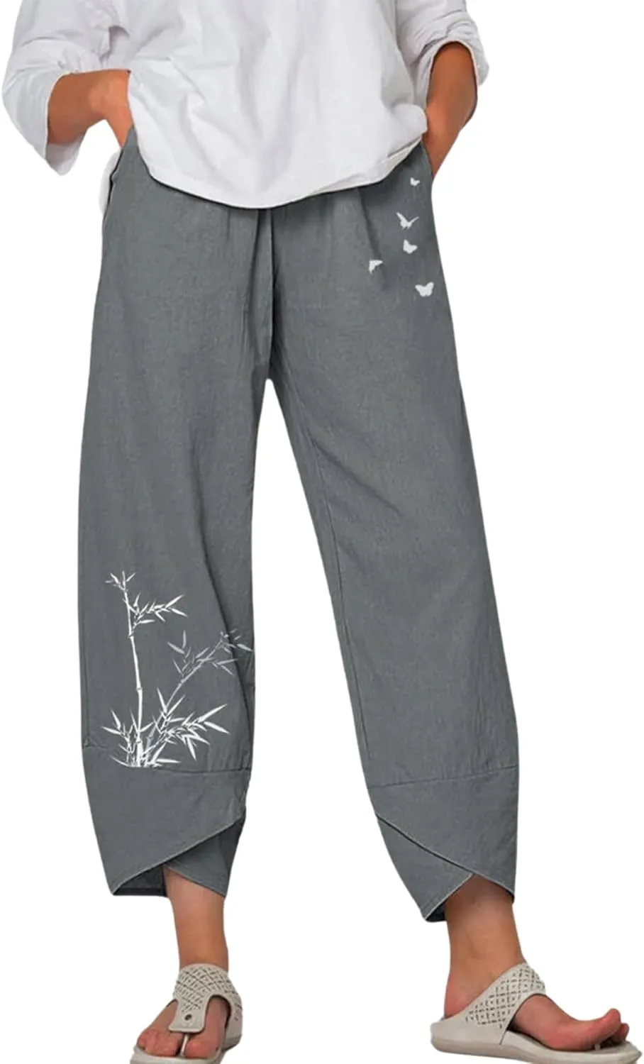 Cotton Linen Casual Summer Capri Pants for Women Printed Waist Wide Leg Palazzo Cropped Baggy Trousers with Pockets
