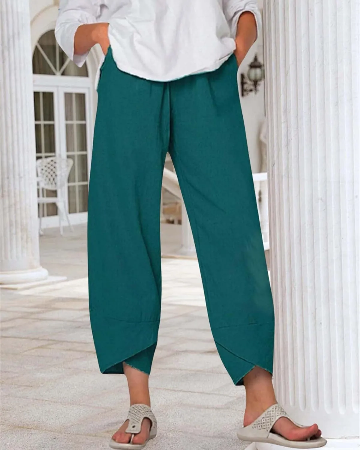 Cotton Linen Casual Summer Capri Pants for Women Printed Waist Wide Leg Palazzo Cropped Baggy Trousers with Pockets