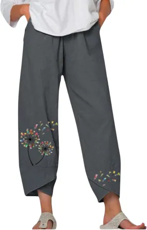 Cotton Linen Casual Summer Capri Pants for Women Printed Waist Wide Leg Palazzo Cropped Baggy Trousers with Pockets