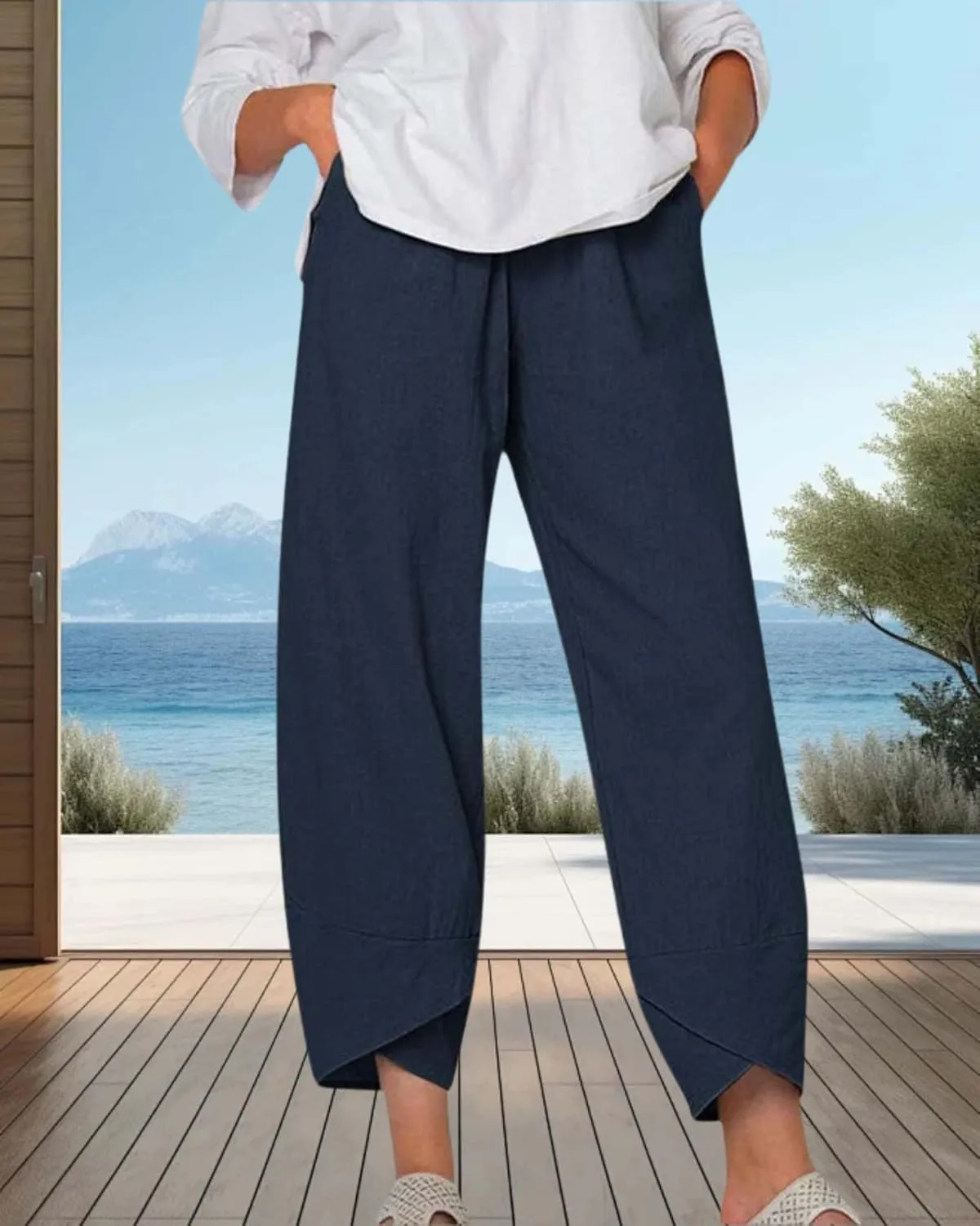 Cotton Linen Casual Summer Capri Pants for Women Printed Waist Wide Leg Palazzo Cropped Baggy Trousers with Pockets