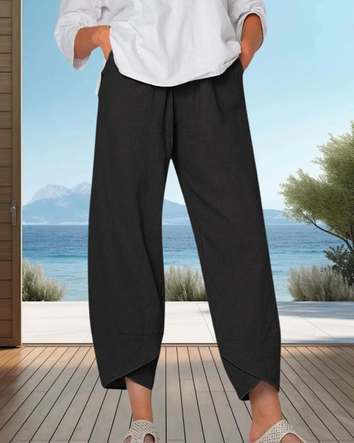 Cotton Linen Casual Summer Capri Pants for Women Printed Waist Wide Leg Palazzo Cropped Baggy Trousers with Pockets