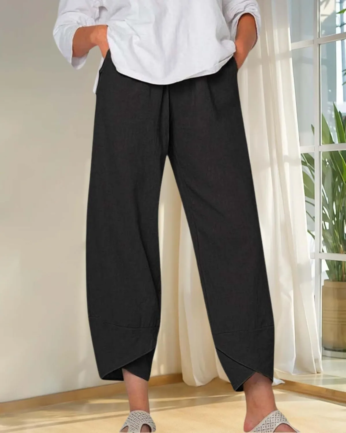 Cotton Linen Casual Summer Capri Pants for Women Printed Waist Wide Leg Palazzo Cropped Baggy Trousers with Pockets