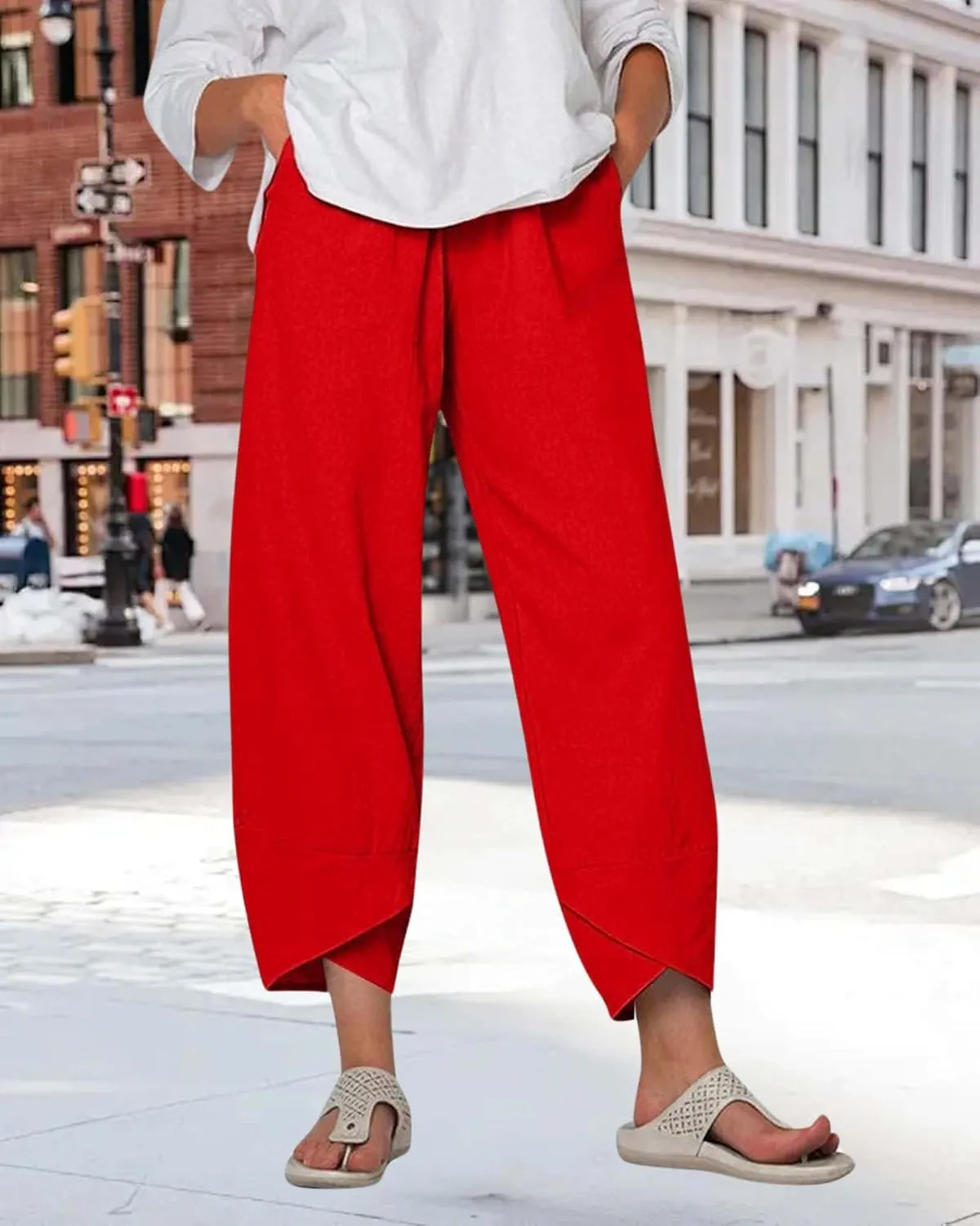 Cotton Linen Casual Summer Capri Pants for Women Printed Waist Wide Leg Palazzo Cropped Baggy Trousers with Pockets
