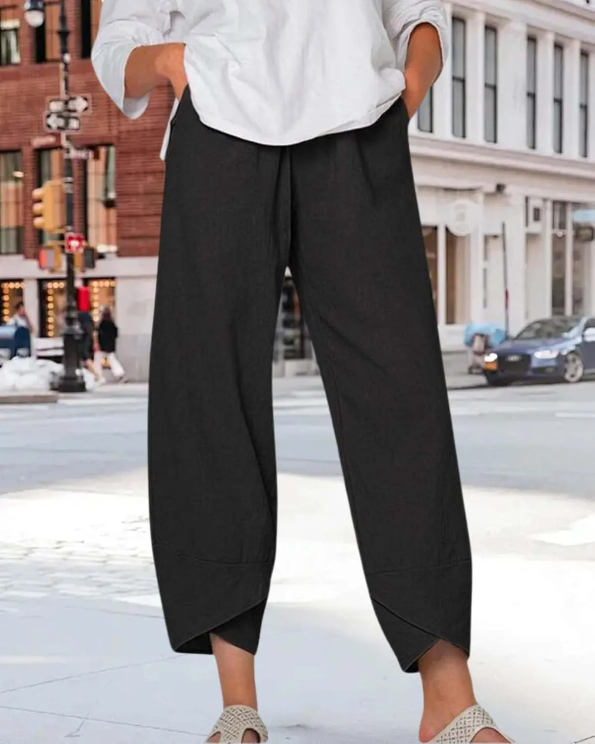 Cotton Linen Casual Summer Capri Pants for Women Printed Waist Wide Leg Palazzo Cropped Baggy Trousers with Pockets