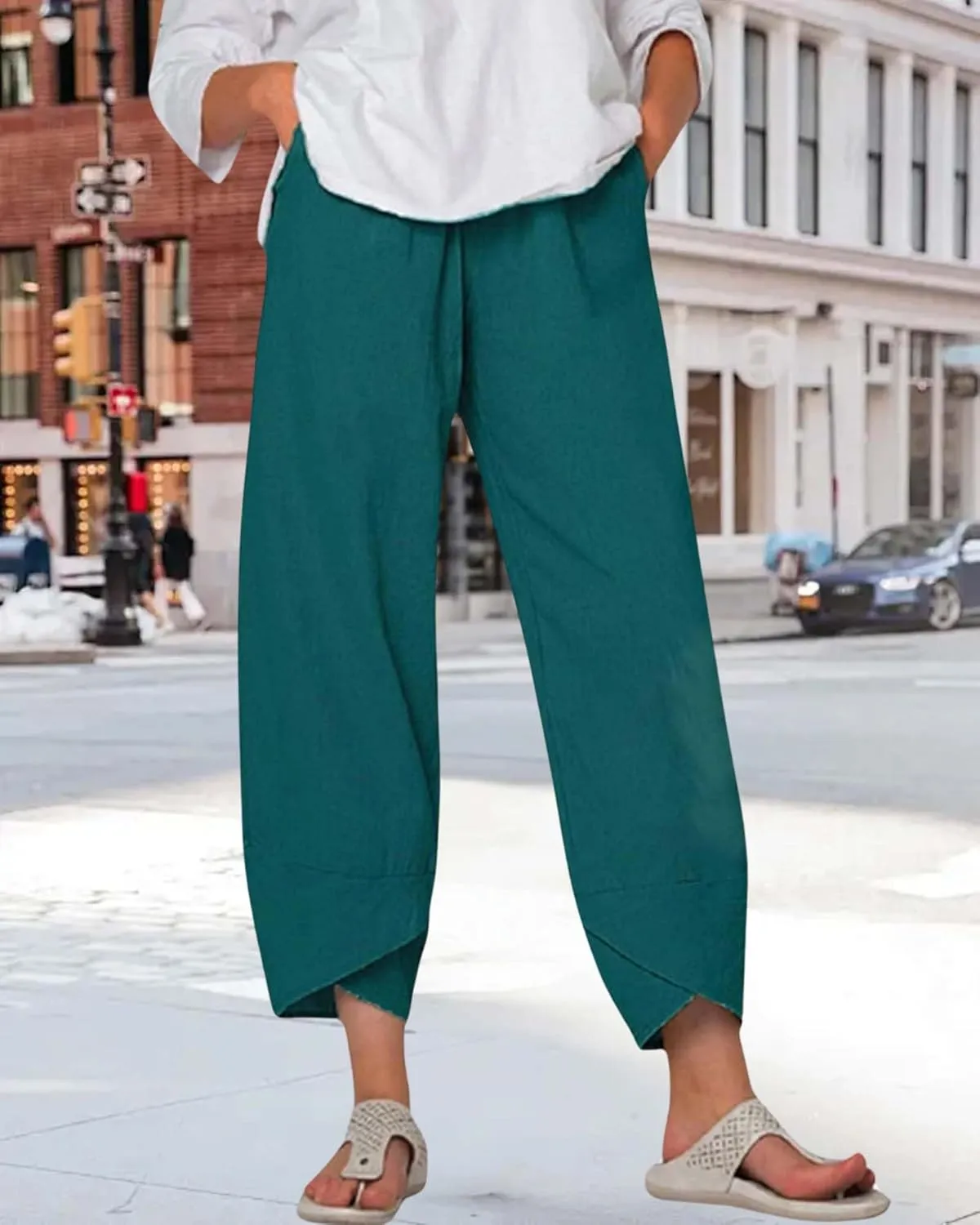 Cotton Linen Casual Summer Capri Pants for Women Printed Waist Wide Leg Palazzo Cropped Baggy Trousers with Pockets