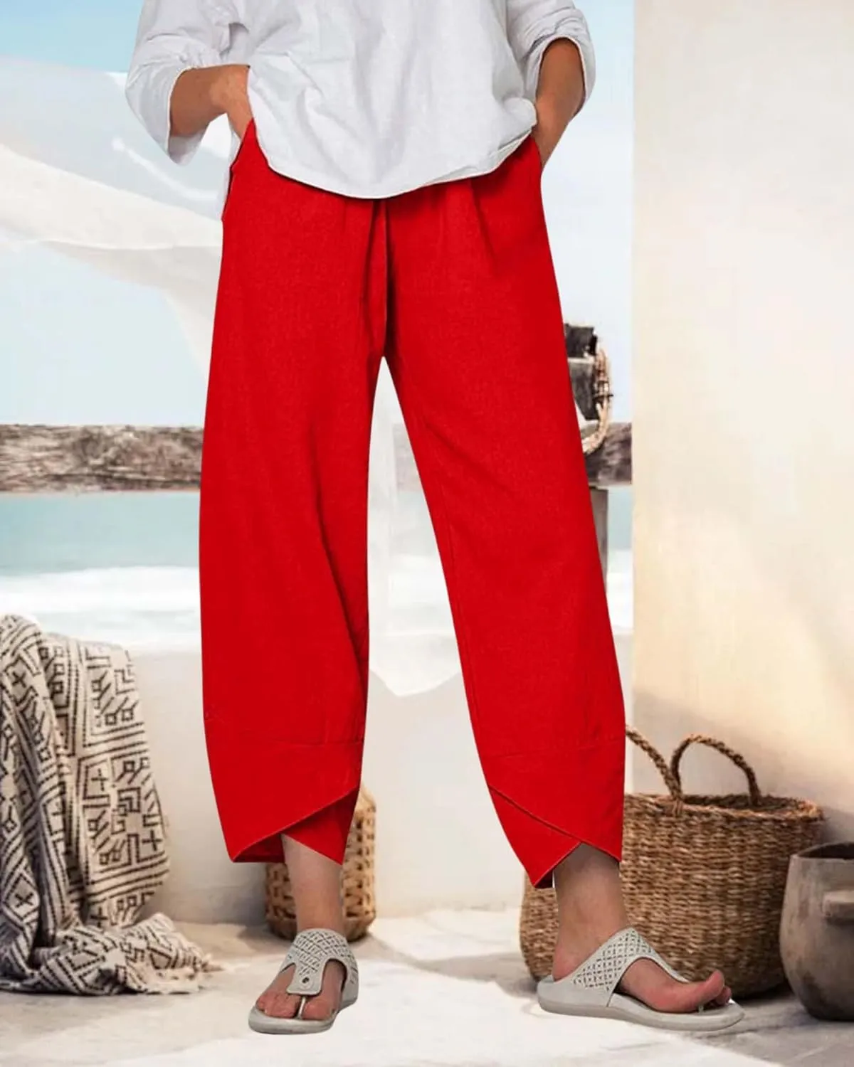 Cotton Linen Casual Summer Capri Pants for Women Printed Waist Wide Leg Palazzo Cropped Baggy Trousers with Pockets