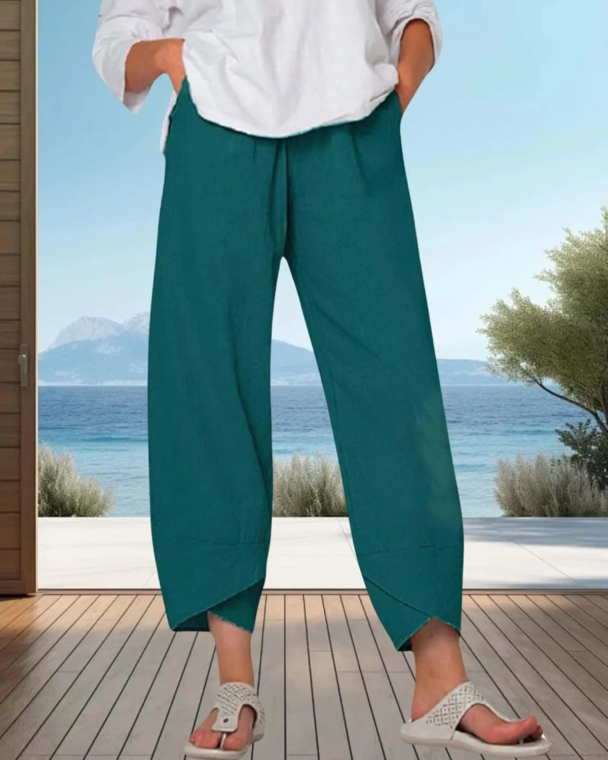 Cotton Linen Casual Summer Capri Pants for Women Printed Waist Wide Leg Palazzo Cropped Baggy Trousers with Pockets