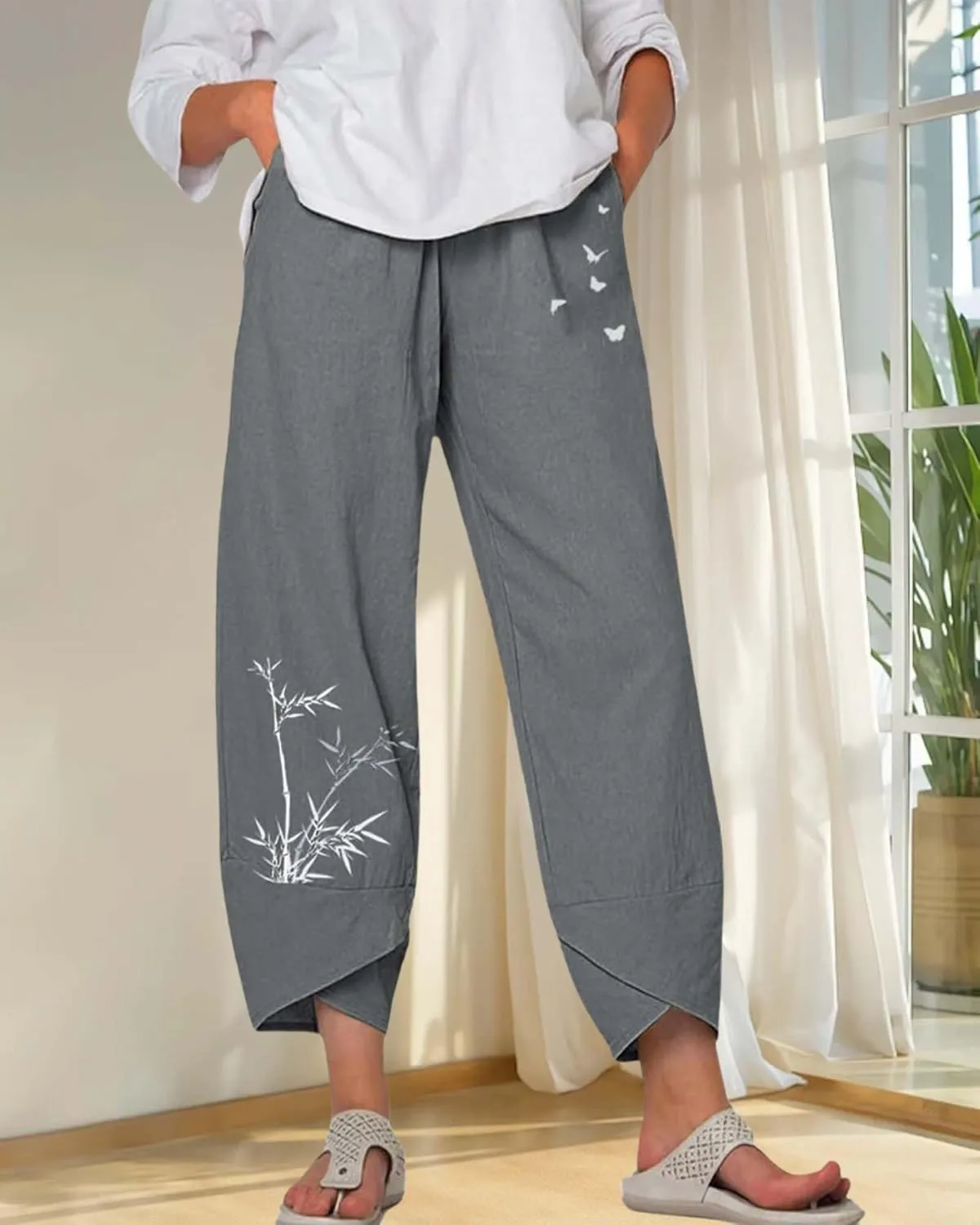 Cotton Linen Casual Summer Capri Pants for Women Printed Waist Wide Leg Palazzo Cropped Baggy Trousers with Pockets
