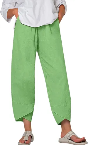 Cotton Linen Casual Summer Capri Pants for Women Printed Waist Wide Leg Palazzo Cropped Baggy Trousers with Pockets