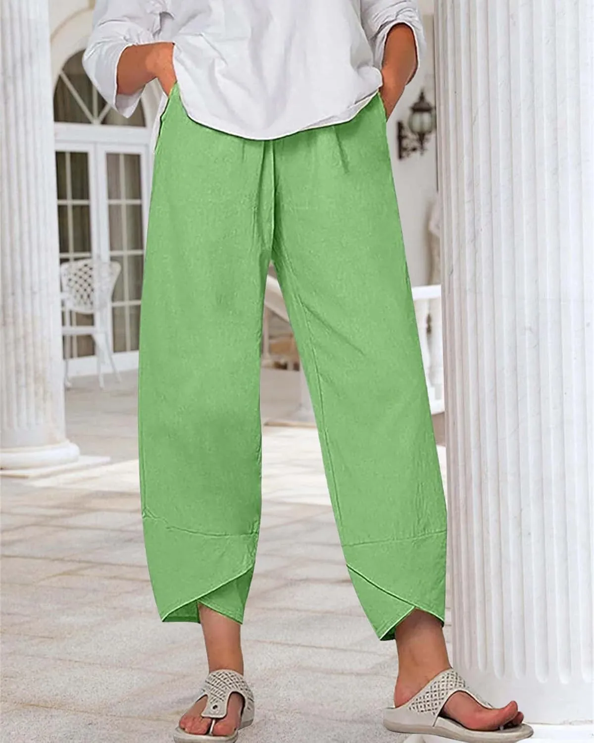 Cotton Linen Casual Summer Capri Pants for Women Printed Waist Wide Leg Palazzo Cropped Baggy Trousers with Pockets