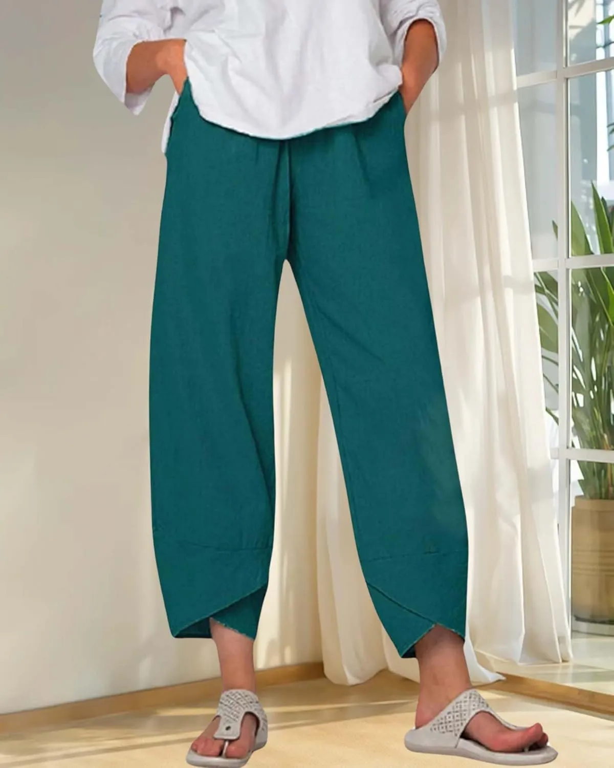 Cotton Linen Casual Summer Capri Pants for Women Printed Waist Wide Leg Palazzo Cropped Baggy Trousers with Pockets