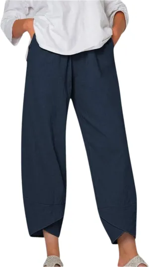 Cotton Linen Casual Summer Capri Pants for Women Printed Waist Wide Leg Palazzo Cropped Baggy Trousers with Pockets