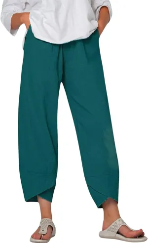 Cotton Linen Casual Summer Capri Pants for Women Printed Waist Wide Leg Palazzo Cropped Baggy Trousers with Pockets