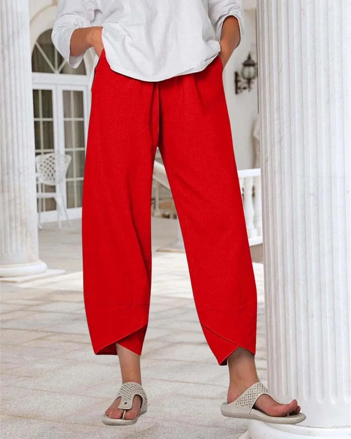 Cotton Linen Casual Summer Capri Pants for Women Printed Waist Wide Leg Palazzo Cropped Baggy Trousers with Pockets