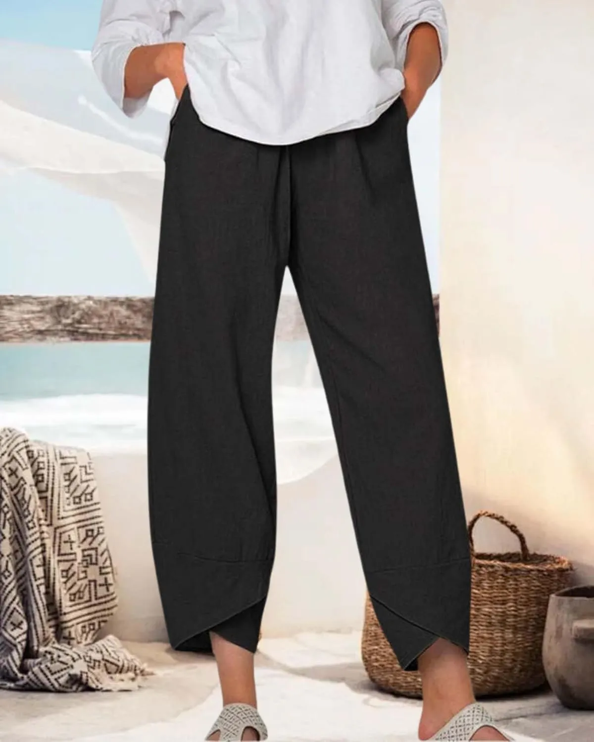 Cotton Linen Casual Summer Capri Pants for Women Printed Waist Wide Leg Palazzo Cropped Baggy Trousers with Pockets