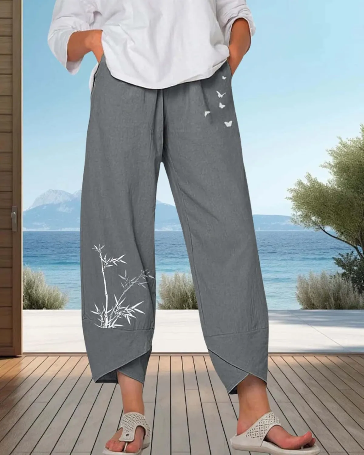 Cotton Linen Casual Summer Capri Pants for Women Printed Waist Wide Leg Palazzo Cropped Baggy Trousers with Pockets