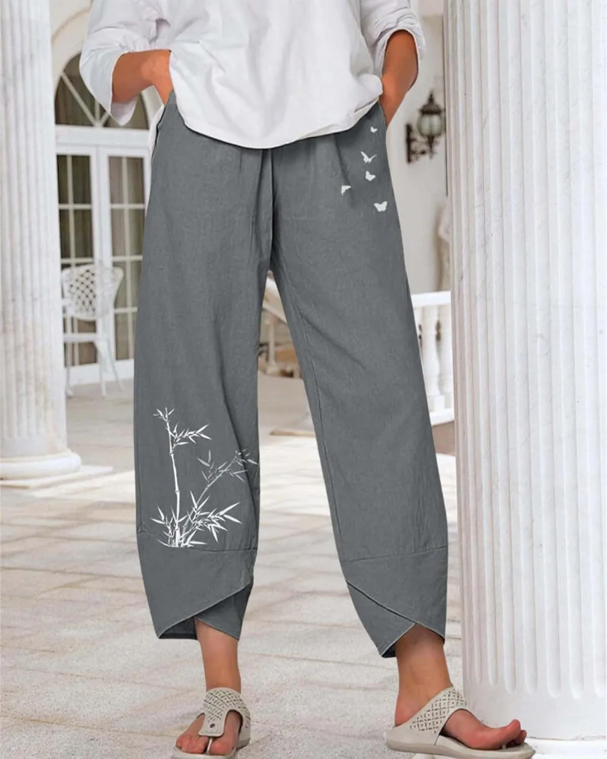 Cotton Linen Casual Summer Capri Pants for Women Printed Waist Wide Leg Palazzo Cropped Baggy Trousers with Pockets