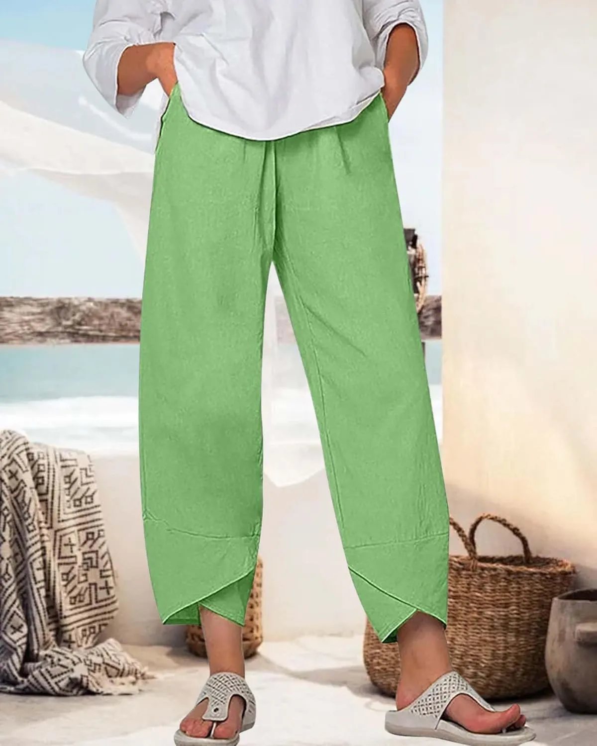 Cotton Linen Casual Summer Capri Pants for Women Printed Waist Wide Leg Palazzo Cropped Baggy Trousers with Pockets
